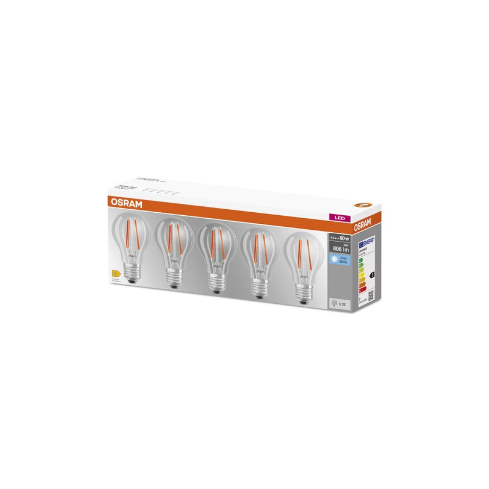 Osram LED BASE Classic A 60 FIL 6.5W/827 E27 5 gab. filament non-dim spuldzes (caurspīdīgas)