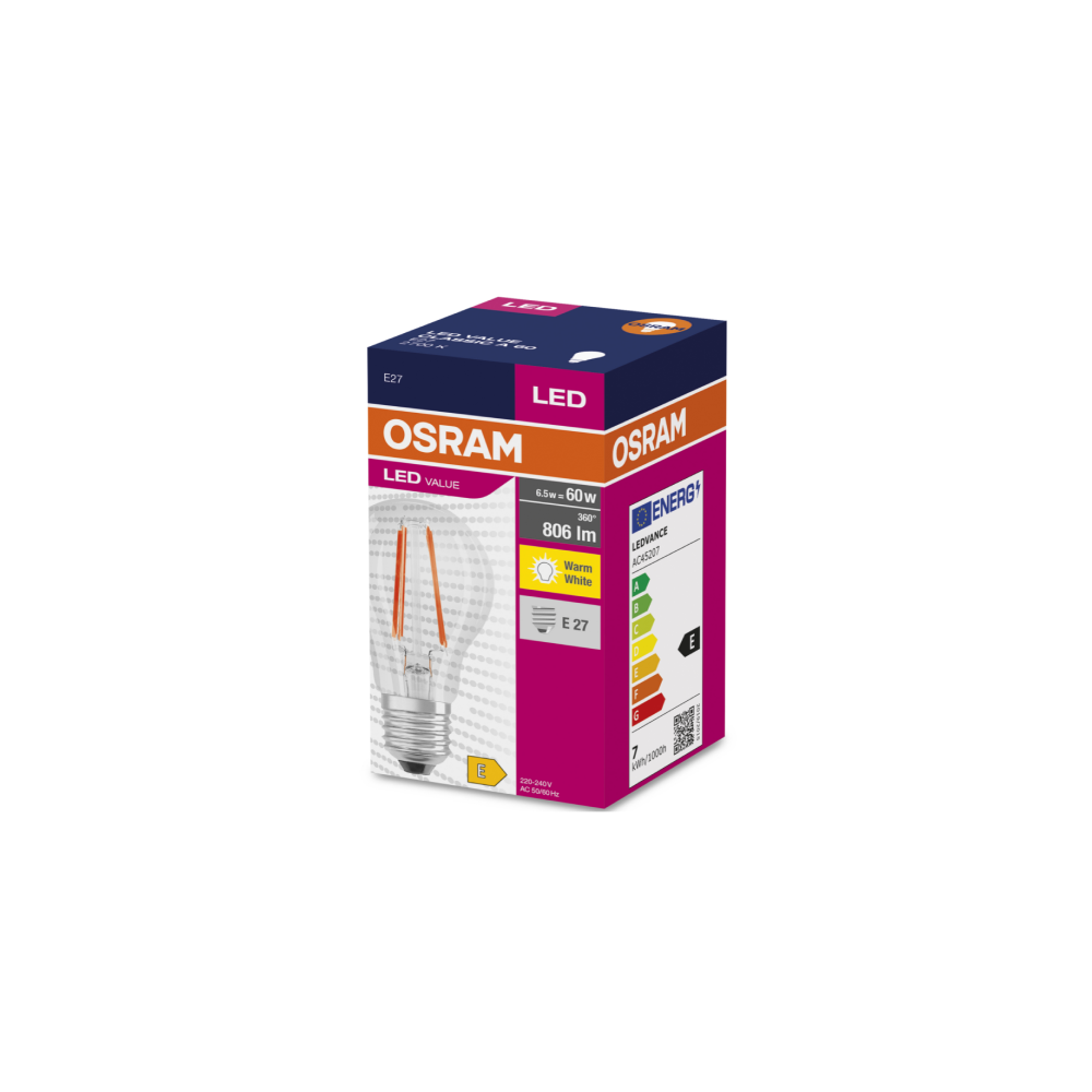 Osram LED Value Classic A 60 FIL 6.5W/827 E27 filament non-dim spuldze (caurspīdīga)