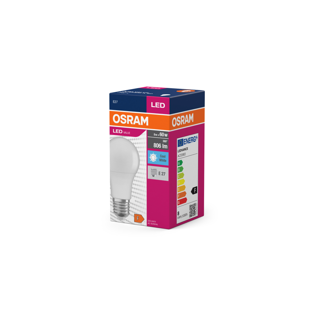 Osram LED Value Classic A 60 8.5W/840 E27 FR non-dim spuldze (matēta)