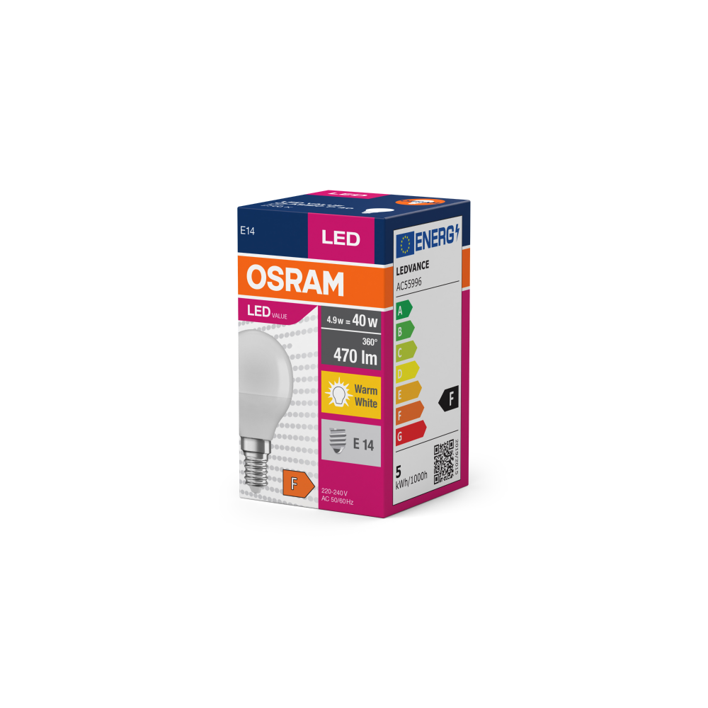 Osram LED VALUE Classic P 40 4.9W/827 E14 FR spuldze (matēta)