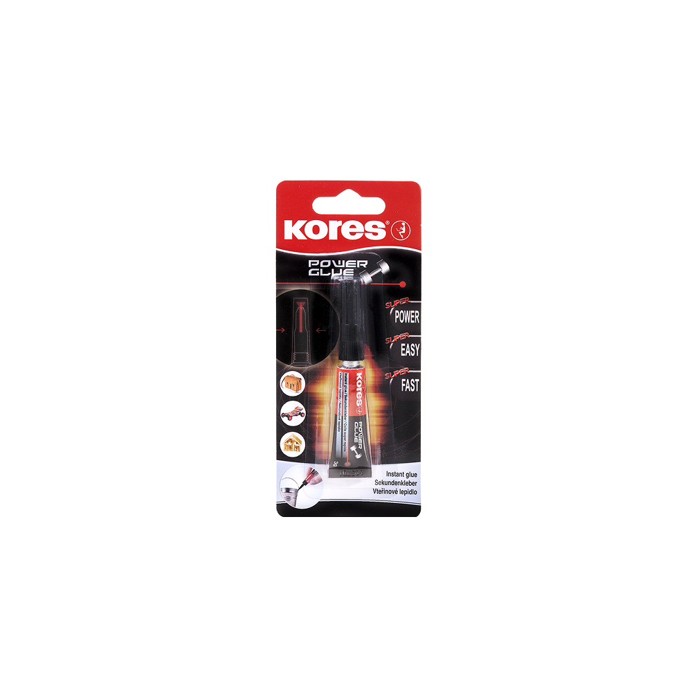 Superlīme KORES Power glue 3 g - ātra un izturīga momentlīme dažādiem materiāliem
