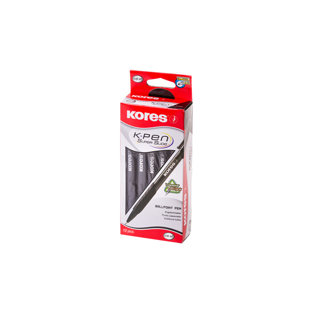 0.7mm lodīšu pildspalvas melnas automātiskas KORES K6-F Softgrip 12 gab