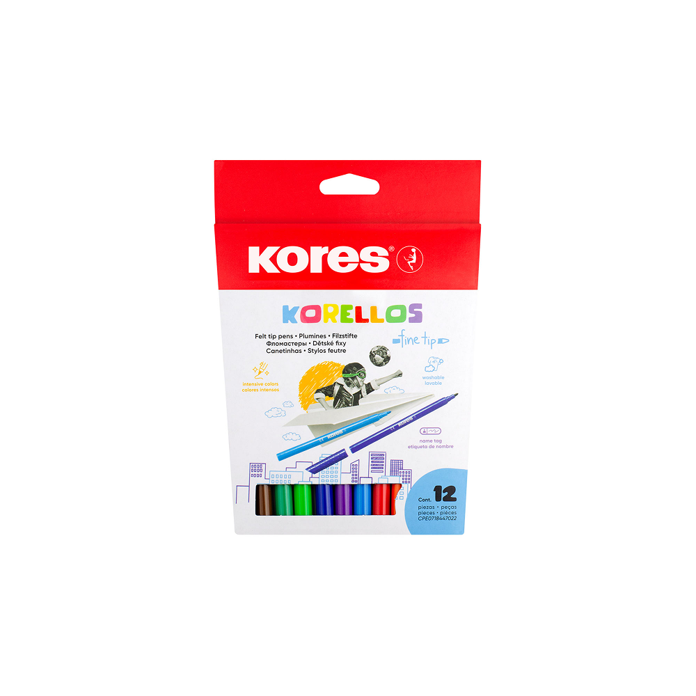 Smalkie filca flomasteri KORES KORELLOS 12 krāsas, 1 mm gals
